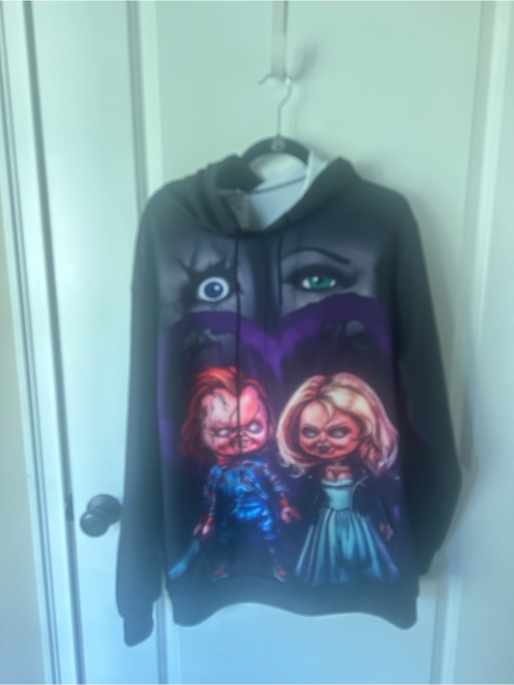 Black Graphic Horror Hoodie with Purple Accents chucky and bride Halloween xl